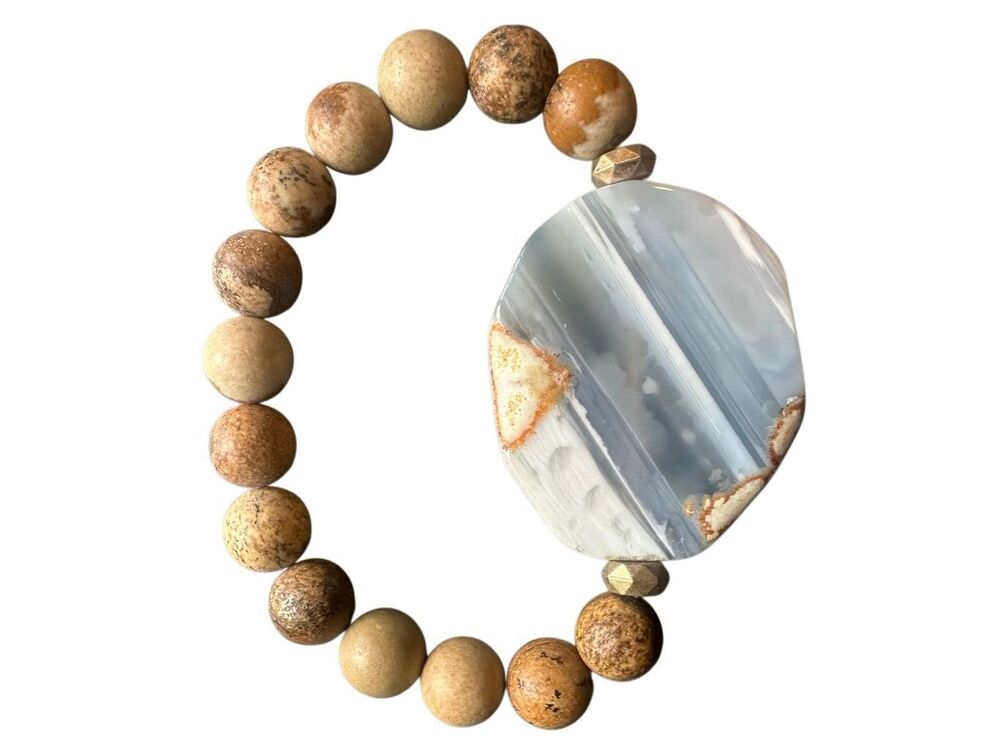 Landscape Jasper stretch beaded bracelet with Orca/Tube Agate centerpiece